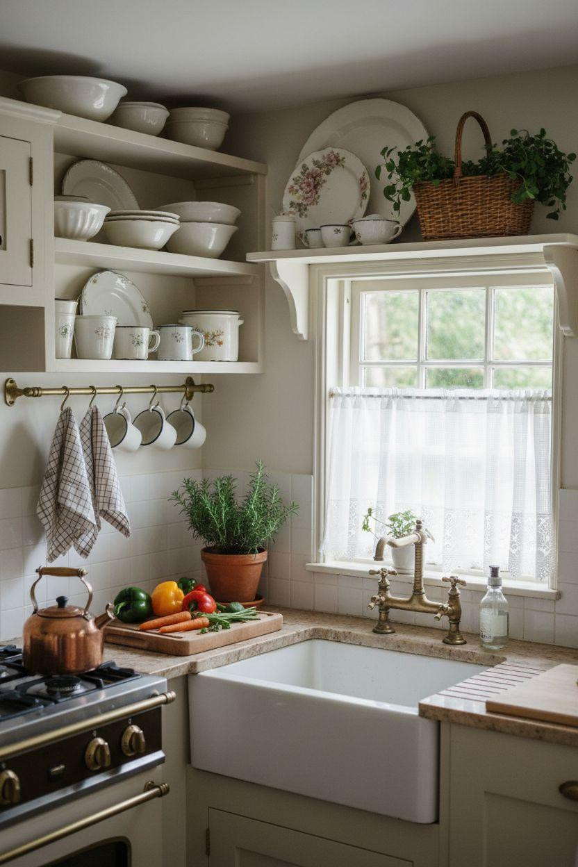 Tiny cottage kitchen with cream open shelves and worn ceramics
