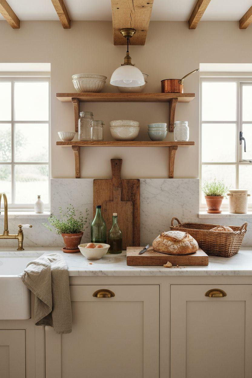 Cottage Kitchen serene design with honed marble and honey oak shelving