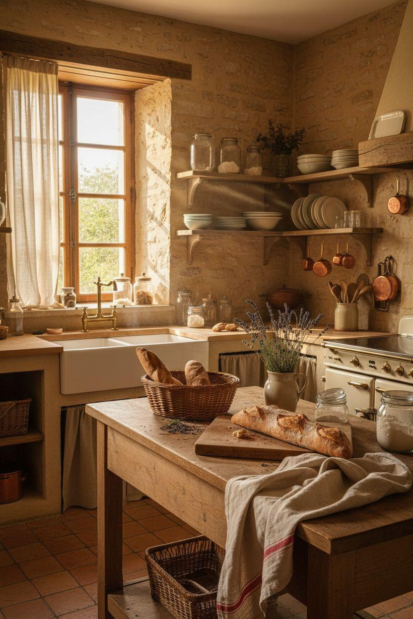 Cottage Kitchen featuring limestone walls and vintage French range