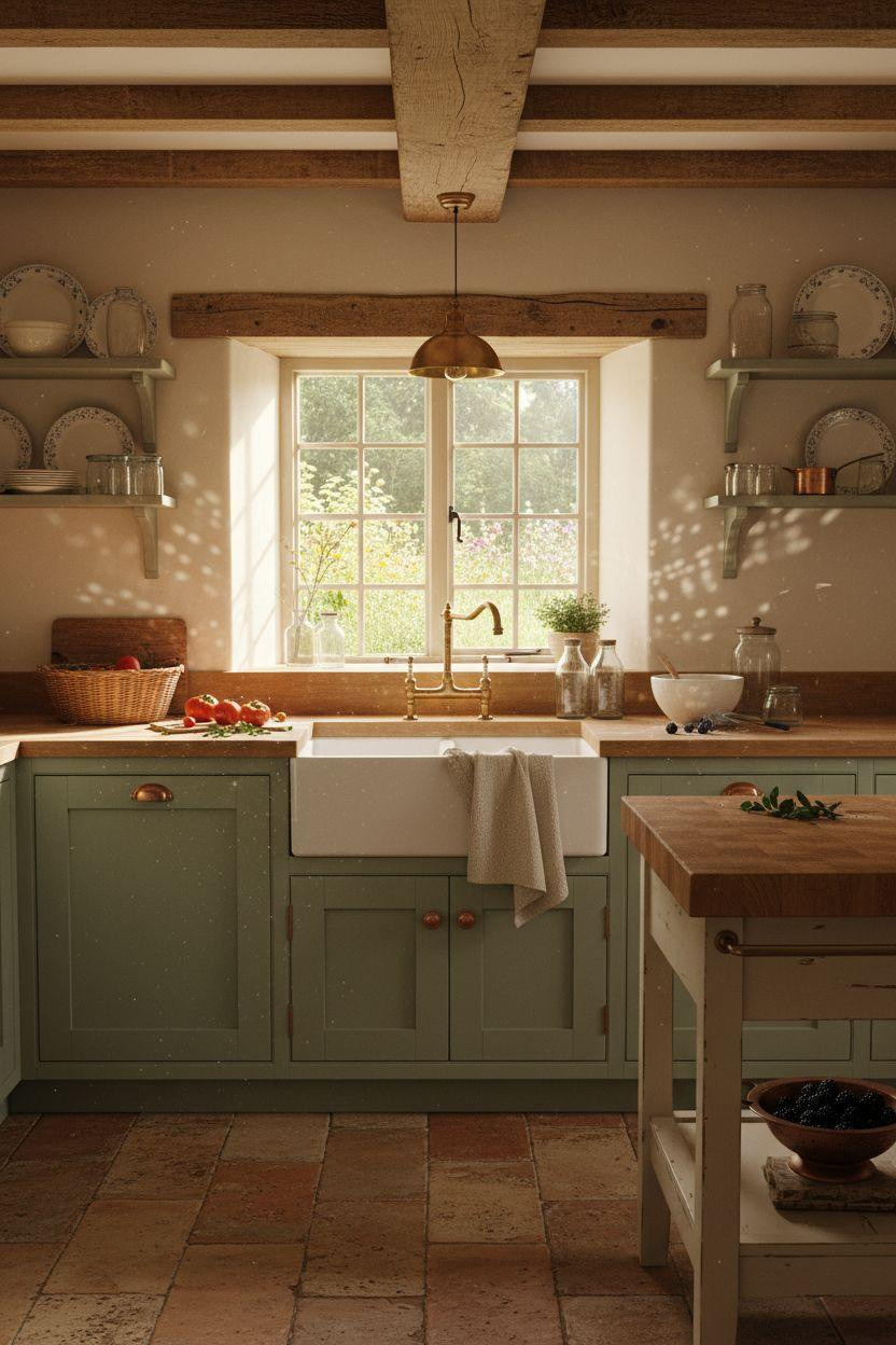 Cottage Kitchen featuring pine island with fresh market vegetables