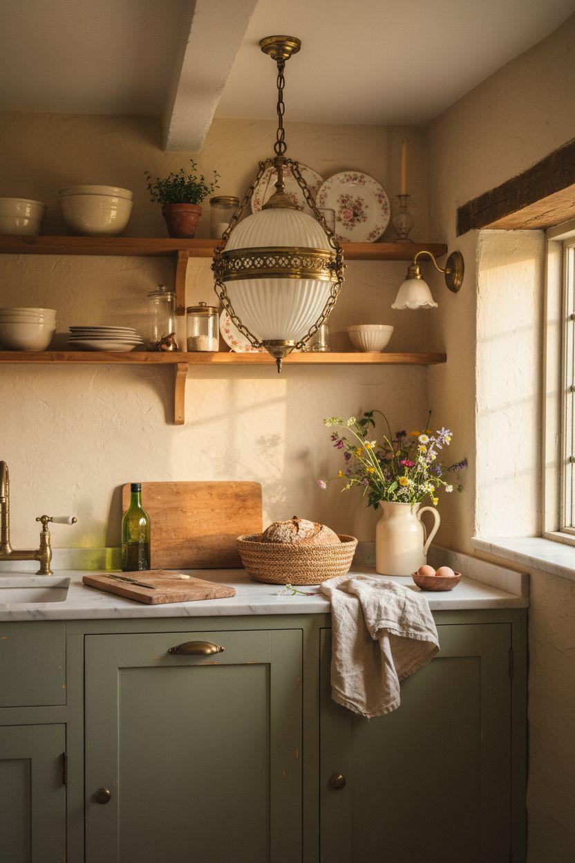 Cottage Kitchen compact design with sage green milk paint cabinets