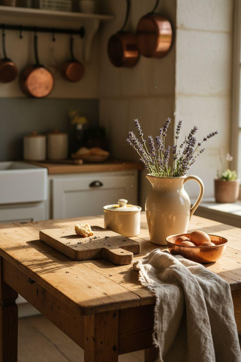 Cottage Kitchen table vignette with earthenware pitcher and copper accents