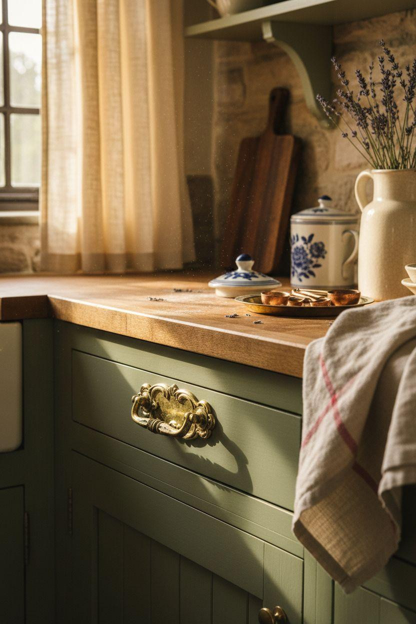 Cottage Kitchen hardware featuring Victorian-style unlacquered brass pull