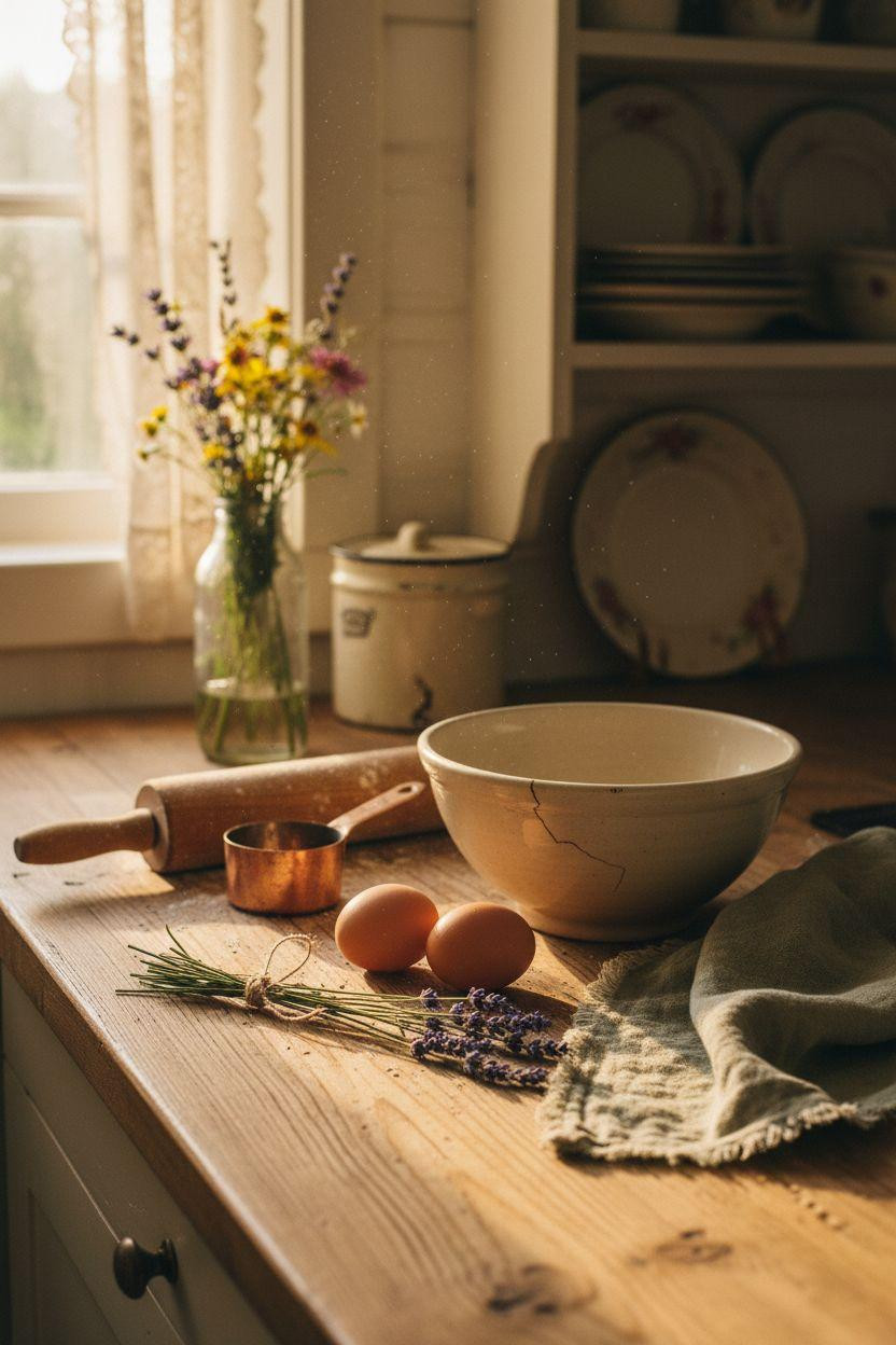 Cottage Kitchen counter showing reclaimed pine grain and vintage baking tools
