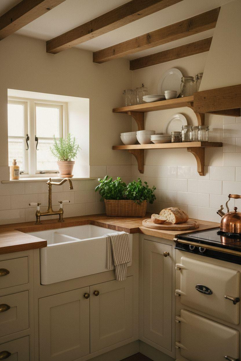 Vintage cottage kitchen with cream cabinets and exposed beams