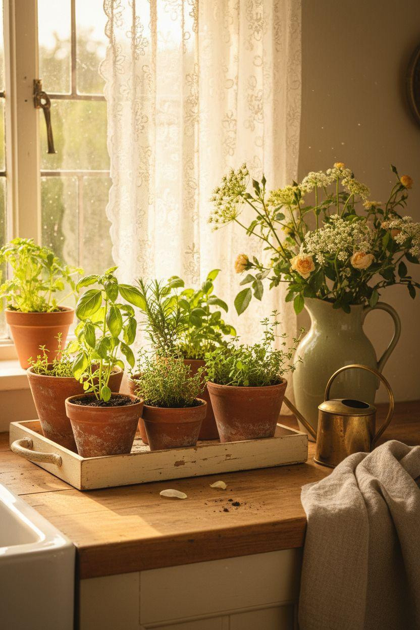 Cottage Kitchen herb garden on windowsill with terracotta pots