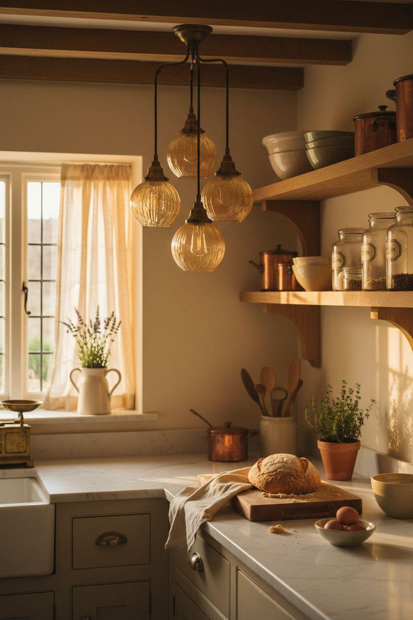 Cottage Kitchen featuring aged brass pendant light with amber glass shade