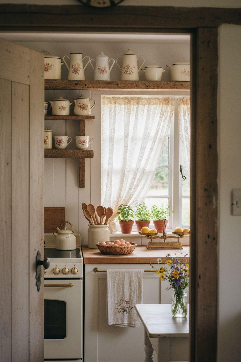 Vintage cottage kitchen nook with lace curtains and timber shelves