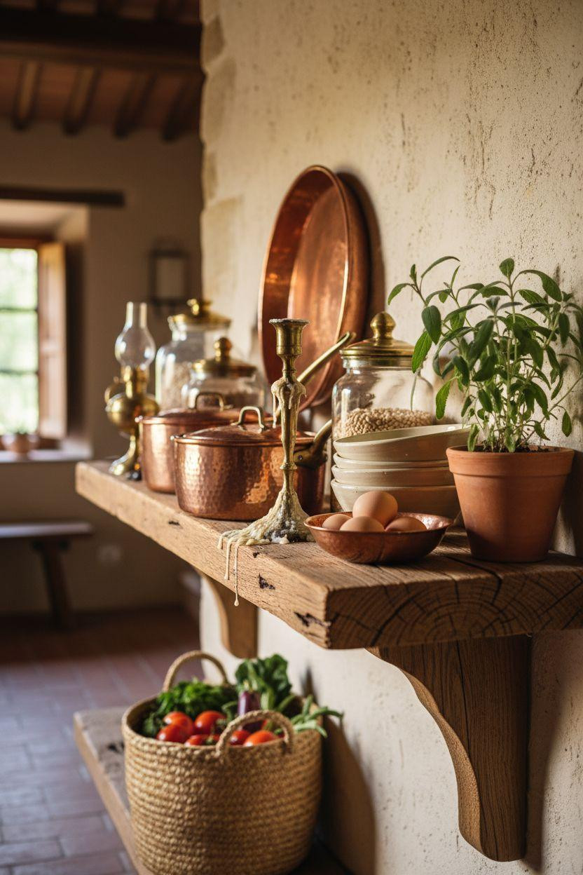 Cottage Kitchen shelf with copper pots and aged brass candlestick