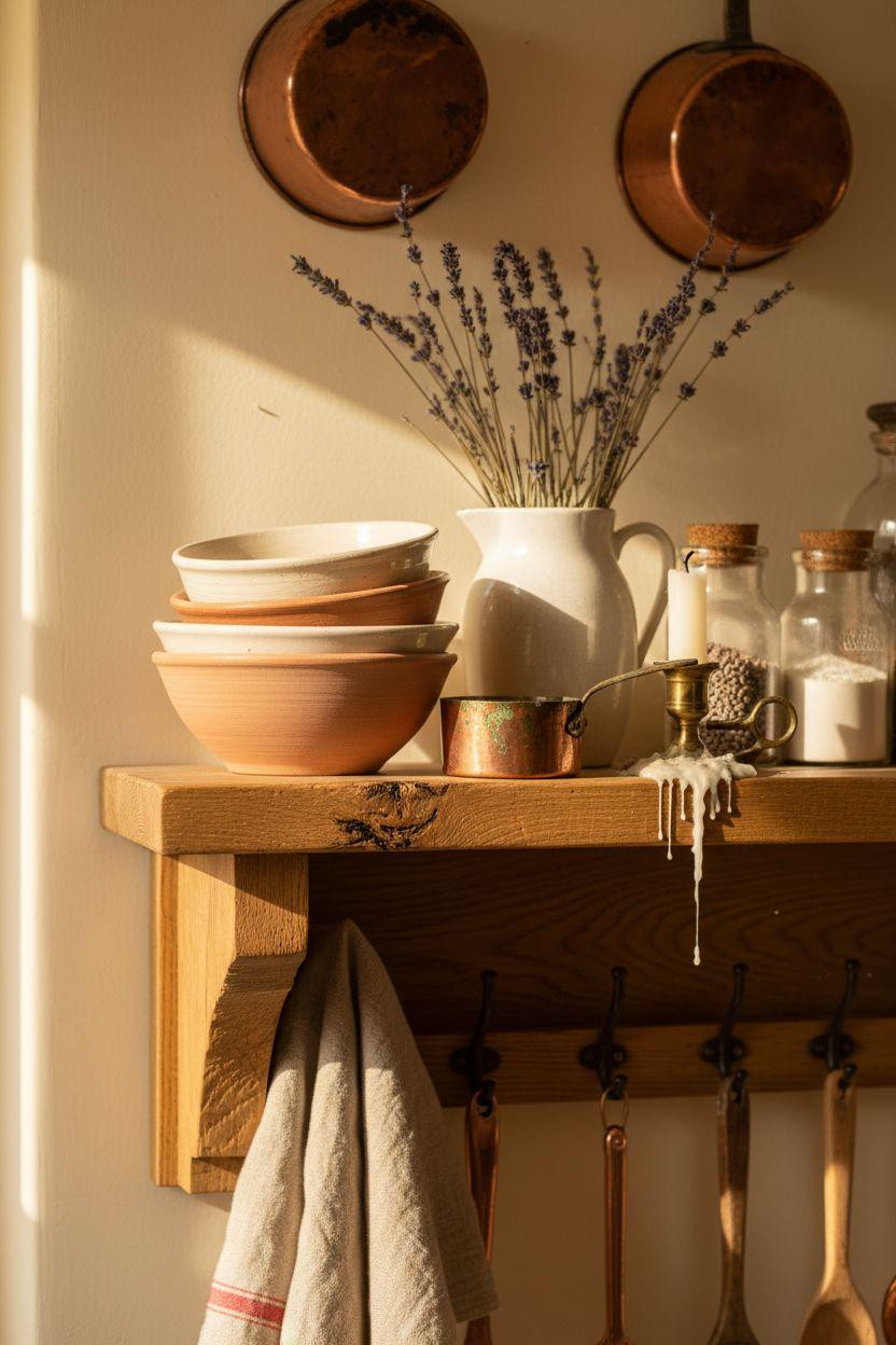 Cottage Kitchen reclaimed oak shelf with hand-thrown pottery and copper accents