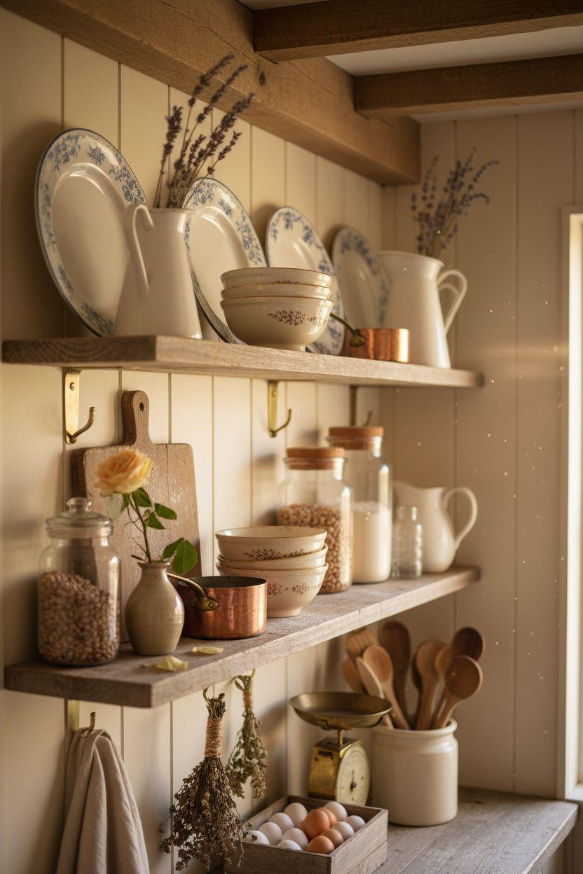 Cottage Kitchen open shelving displaying blue transferware and ironstone