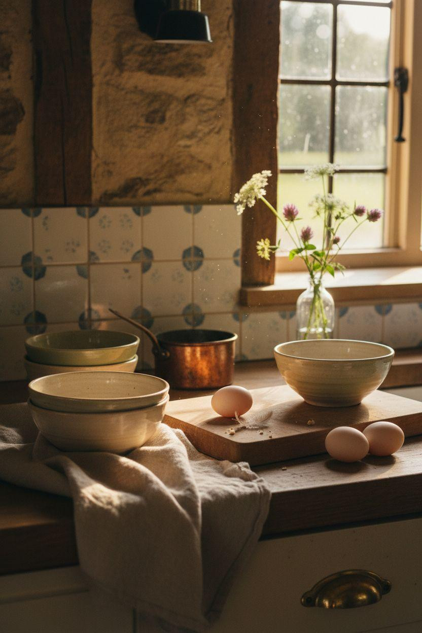 Cottage Kitchen countertop styling with cream ceramics and linen towel