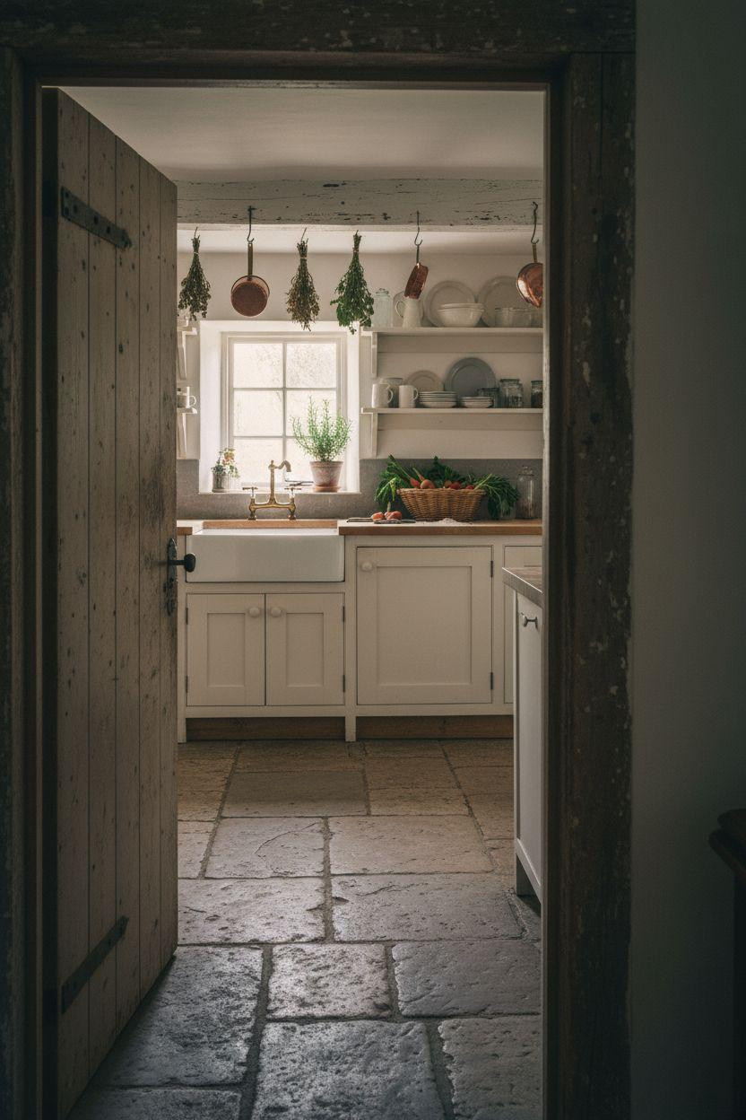 Old cottage kitchen with whitewashed cabinets and stone floors