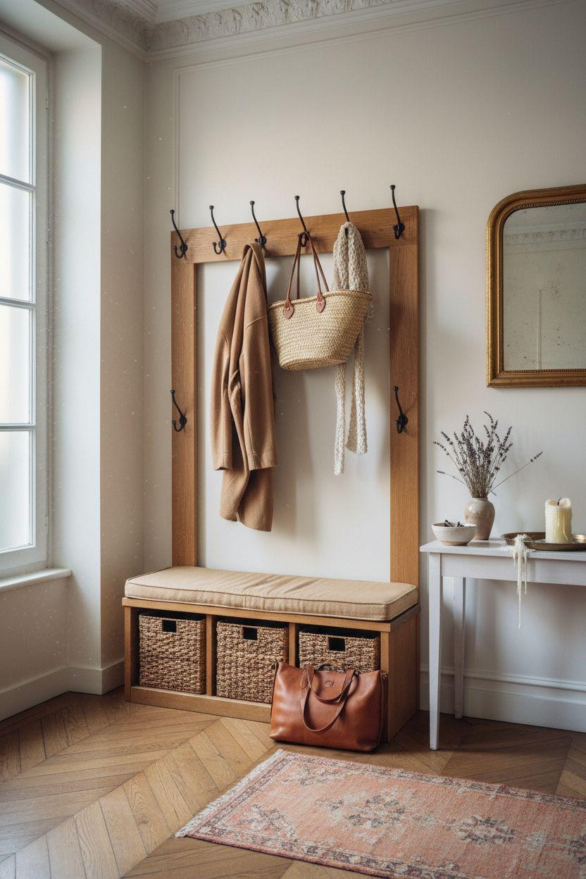 Hall Tree Entryway in Parisian apartment with herringbone floors