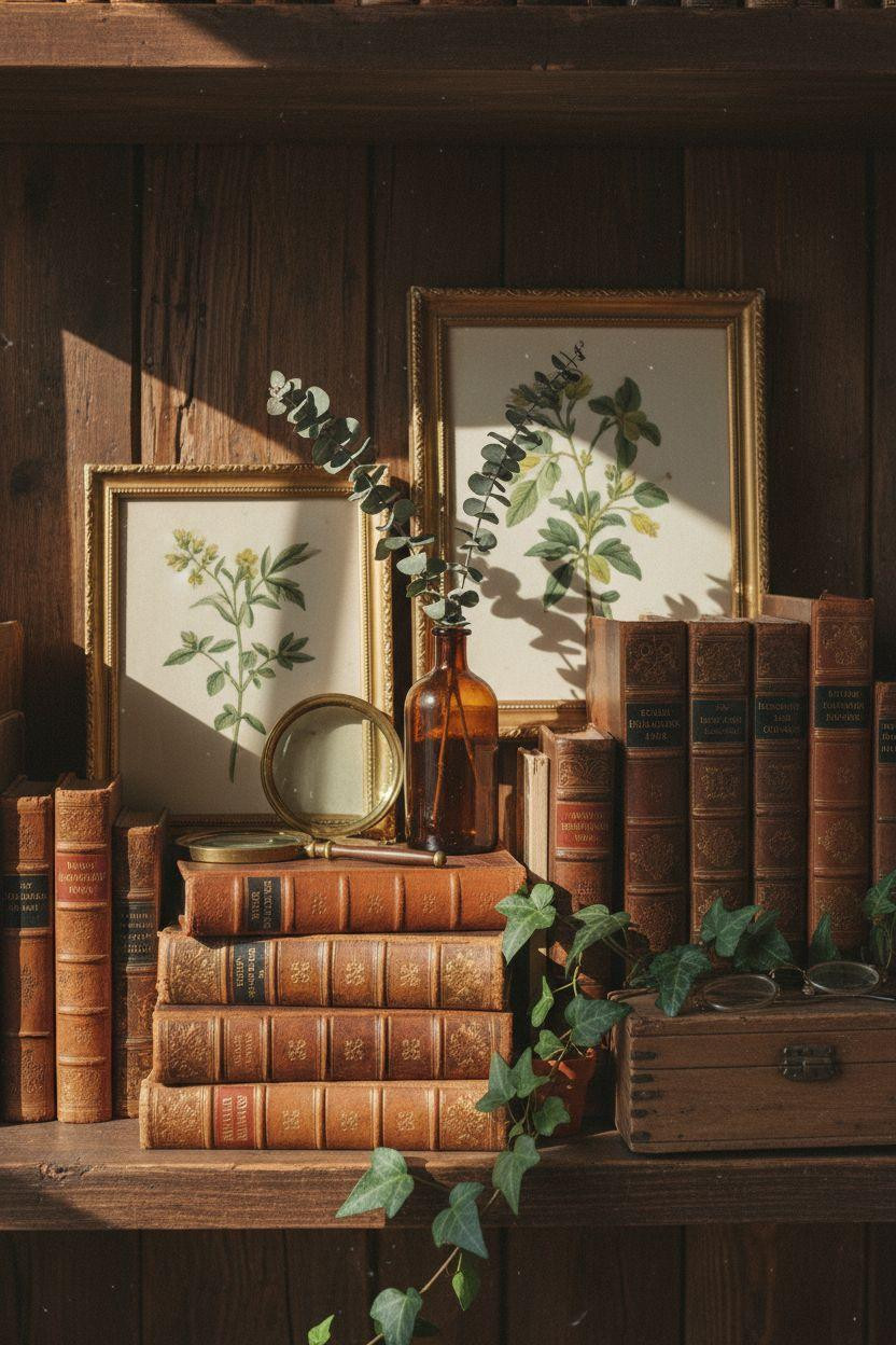 Cozy Home Library Ideas vintage shelf styling with brass accents