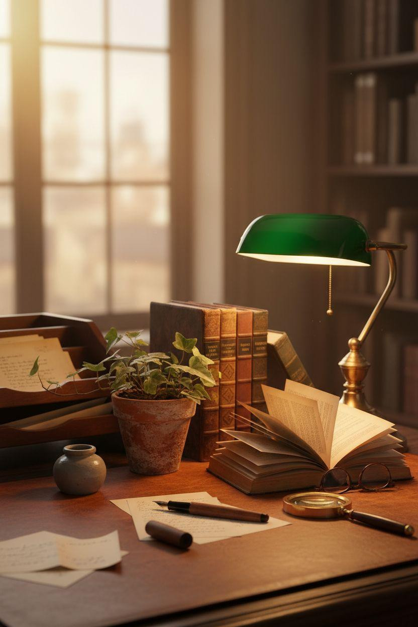 Home Office Library Ideas - vintage desk setup with leather books and brass lamp