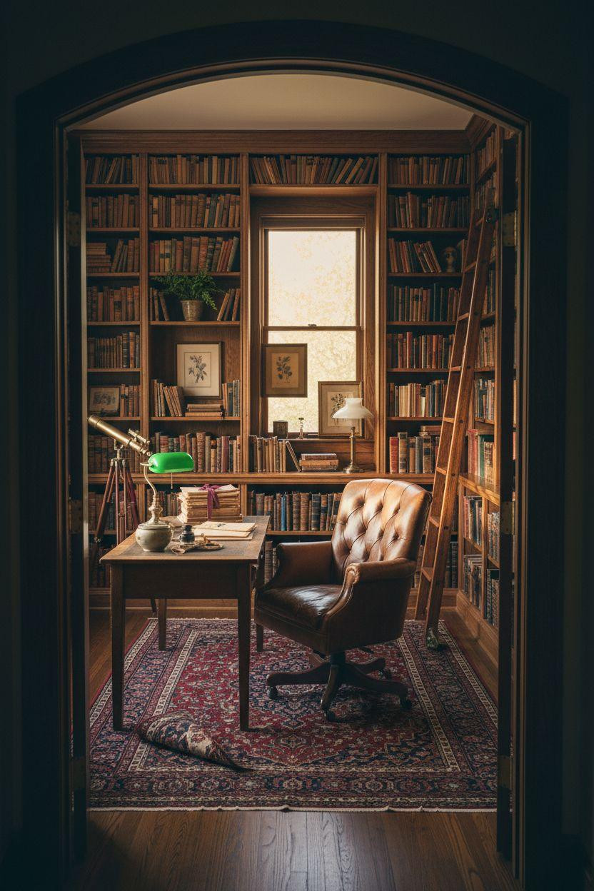 Home Office Library Ideas - vintage walnut shelves with brass telescope and cognac chair