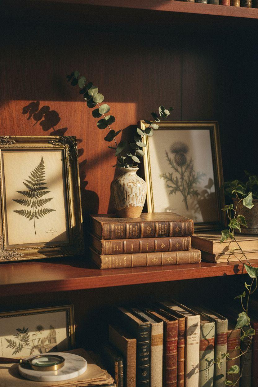 Home Library Rooms Ideas - detailed shelf styling with pressed plants and leather books