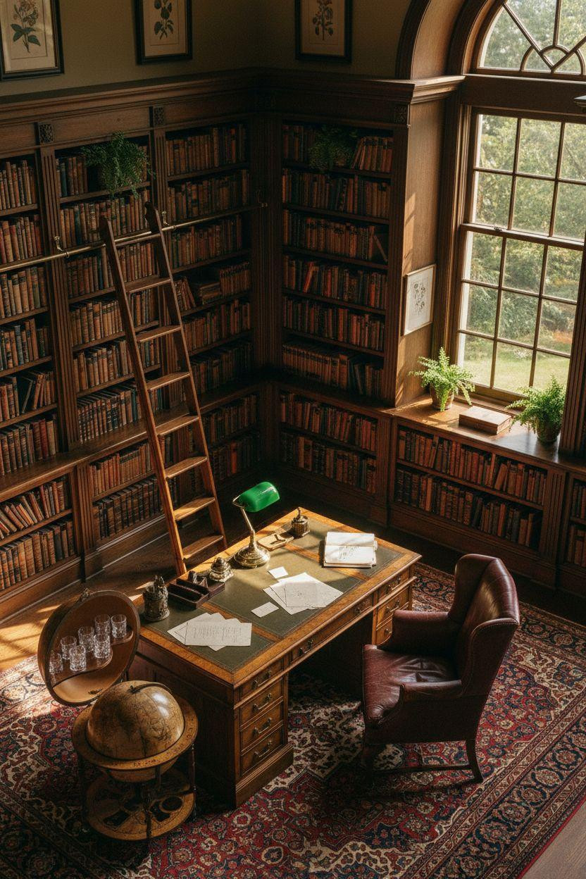 Dream Home Library Ideas - vintage mahogany desk with globe bar