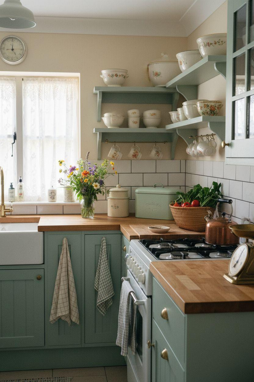 Tiny cottage kitchen with pastel mint cabinets and vintage decor