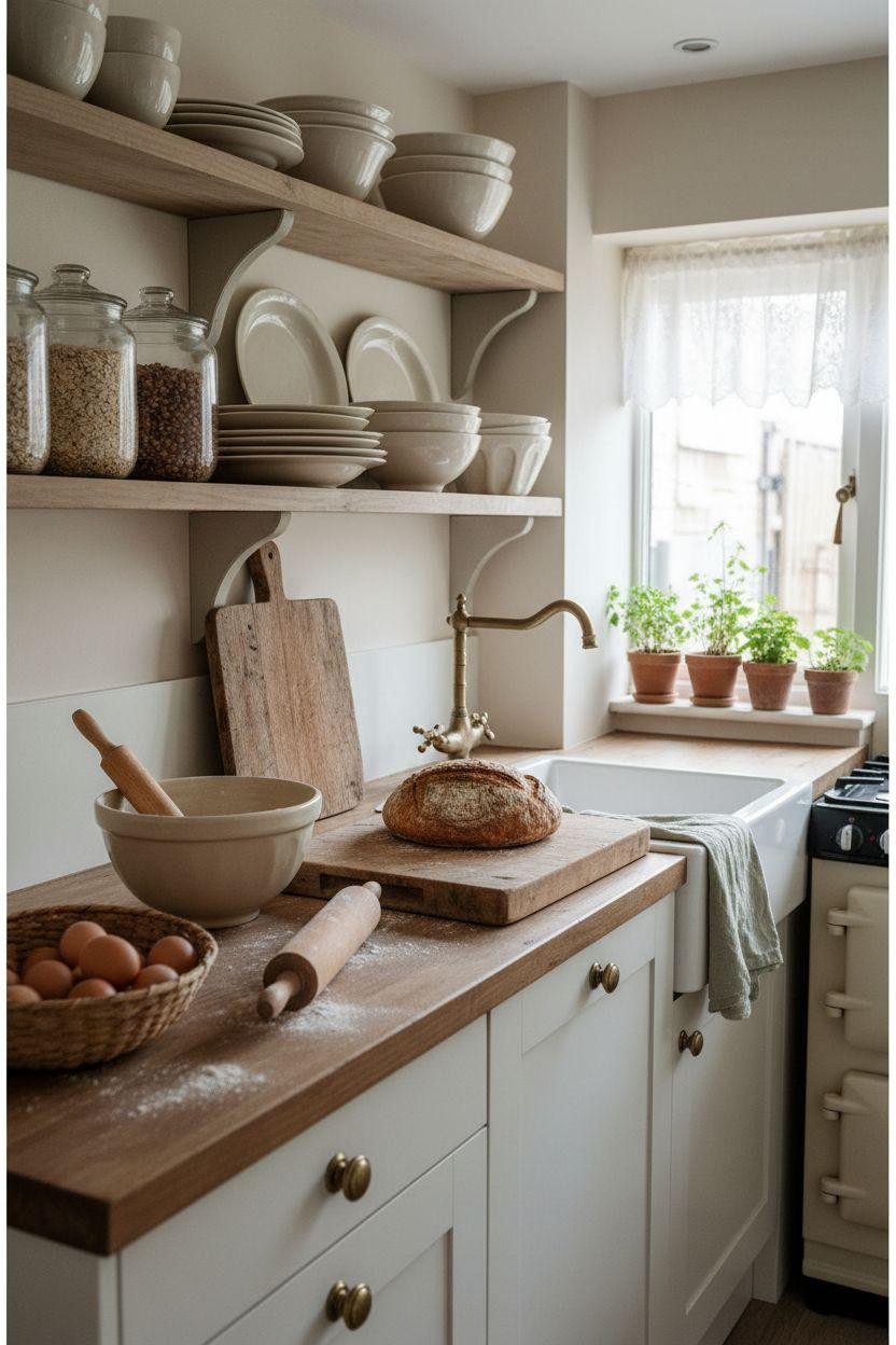 Tiny cottage kitchen with soft sage shelving and brass hardware