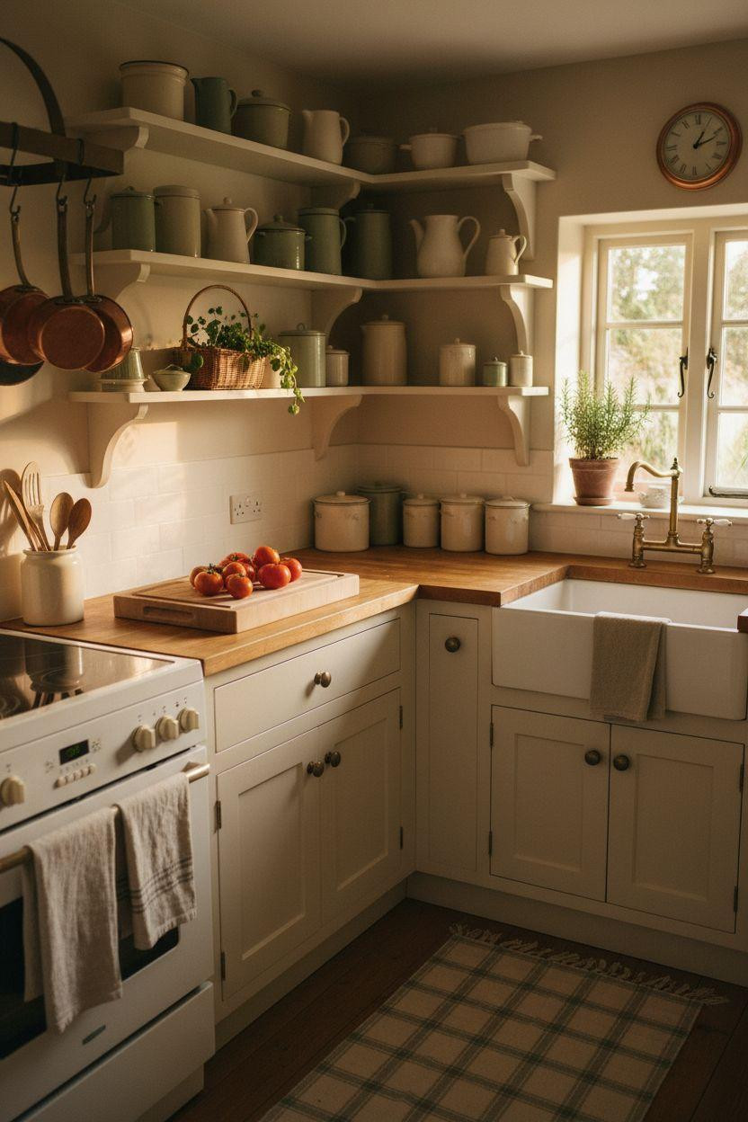 vintage cottage kitchen with open corner shelving displaying ceramic pitchers in cream and sage green, vintage white cabinets, and butcher block countertops