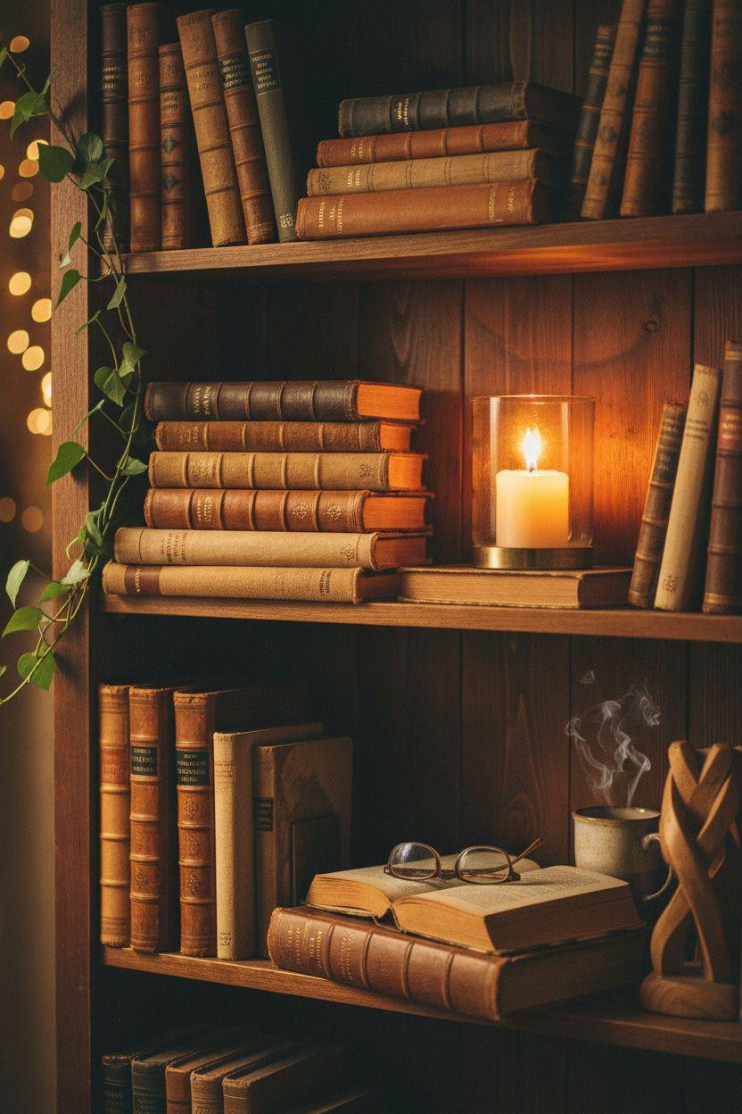 Cozy Home Library Ideas with candlelight and vintage books