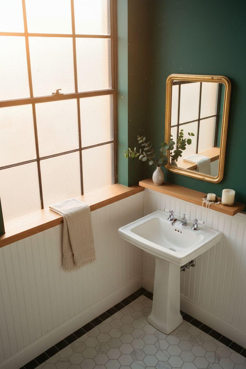 Wainscoting bathroom with bold green walls and decorative mirror