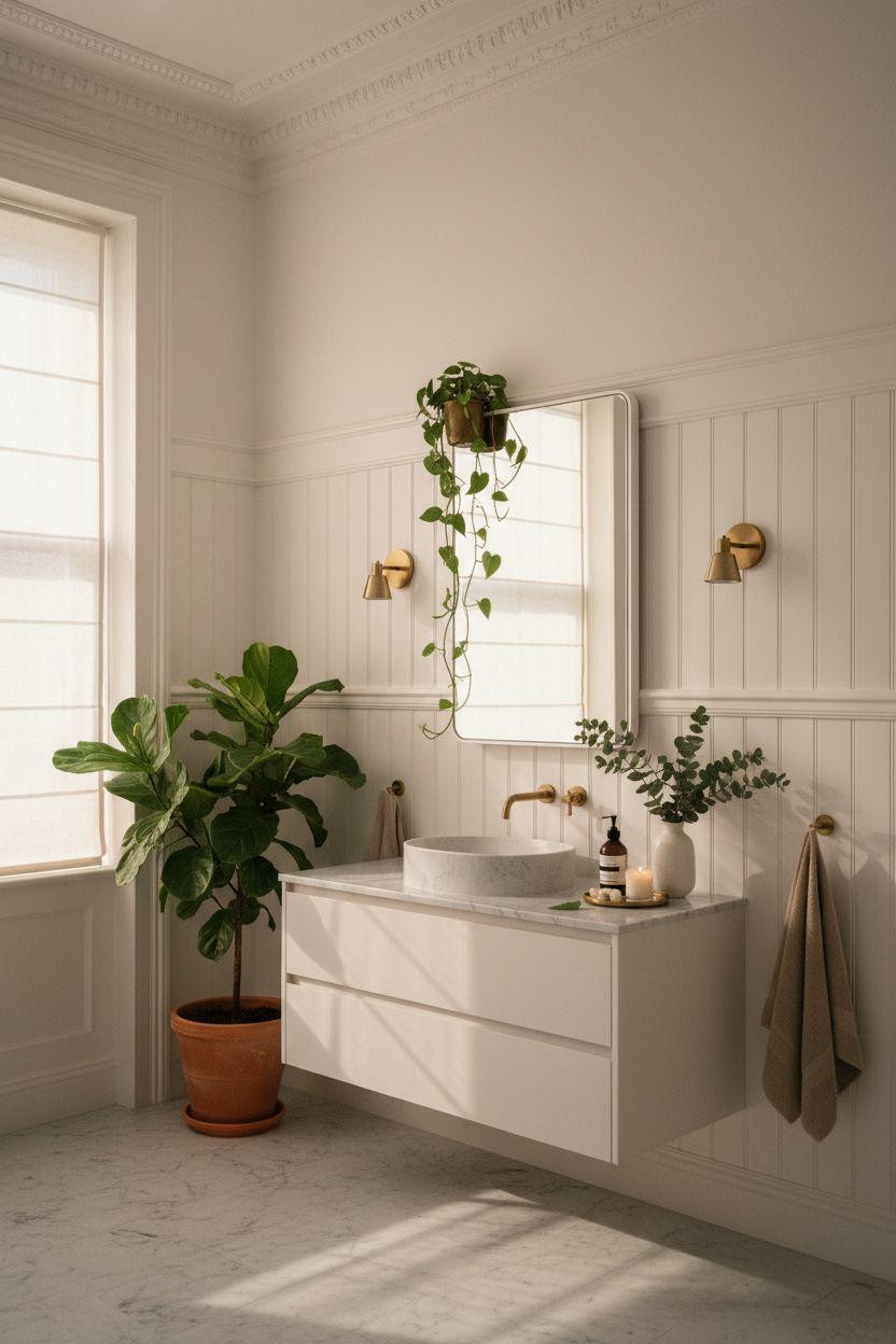 Wainscoting bathroom in historic home with plants and natural light