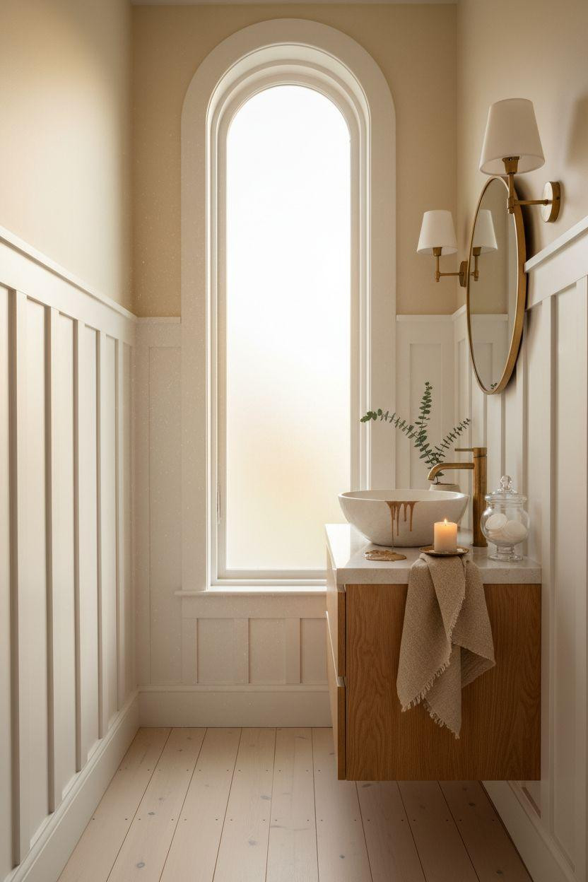 Wainscoting bathroom in cottage style with soaring ceilings