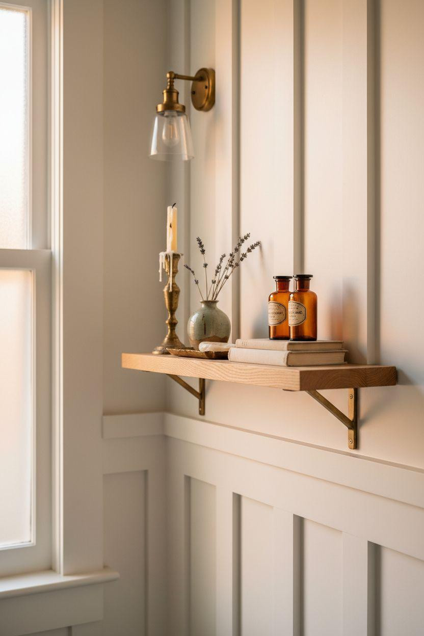 Wainscoting bathroom with board and batten detail and styled shelving