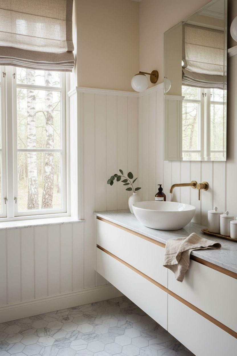 Wainscoting bathroom featuring Scandinavian style half wall paneling