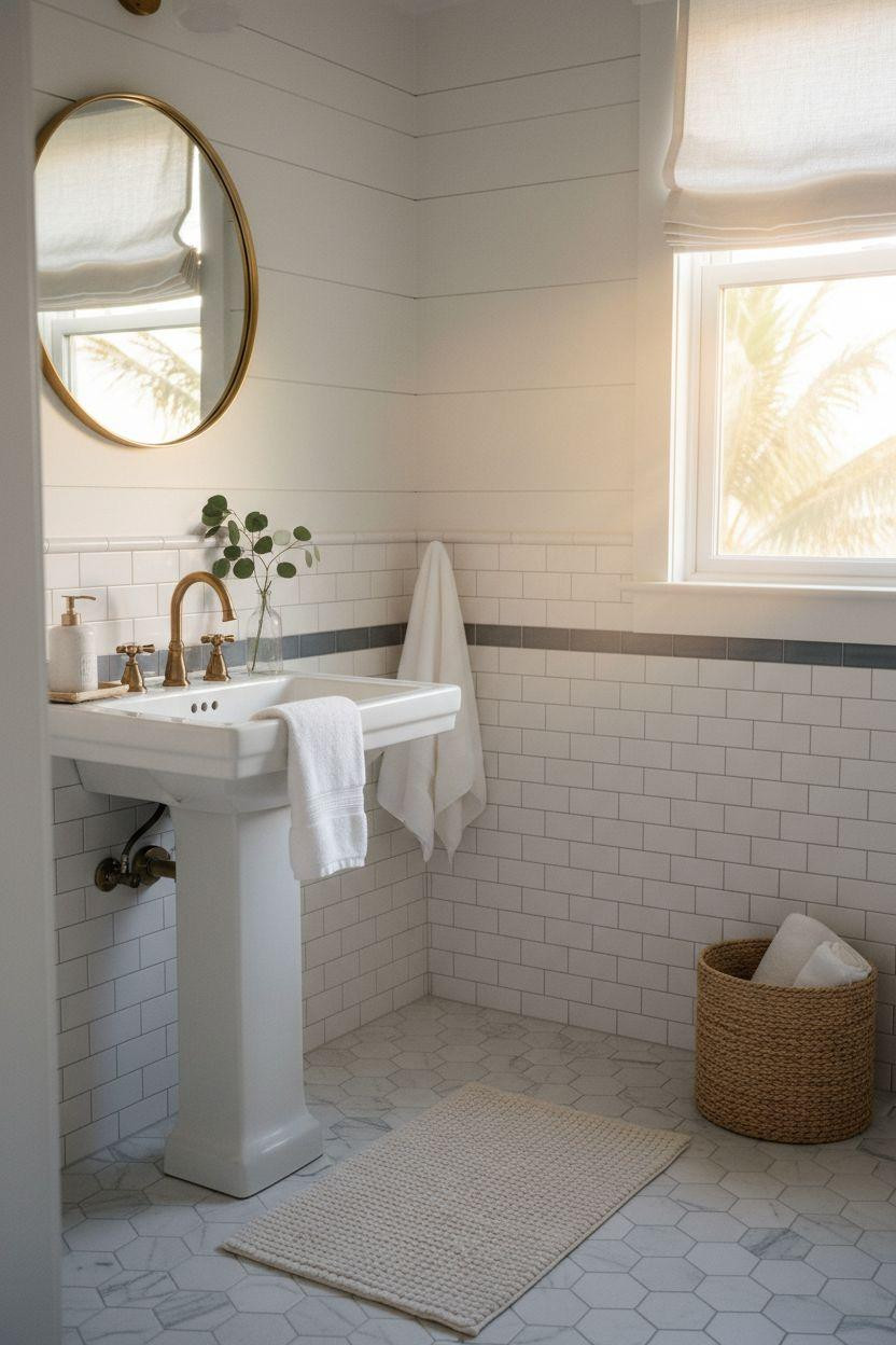 Wainscoting bathroom featuring white subway tile and spa styling