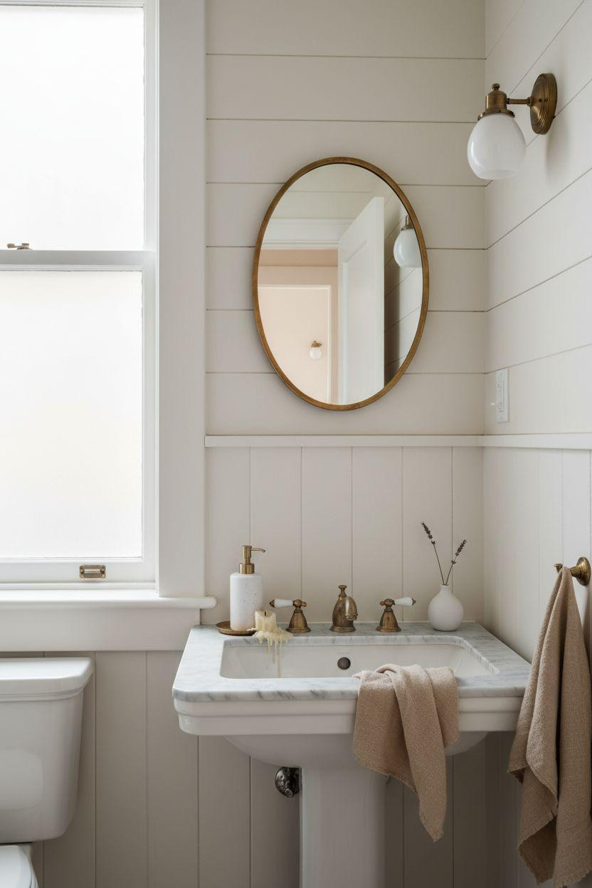 Wainscoting bathroom with clean minimal design and mixed wall treatments