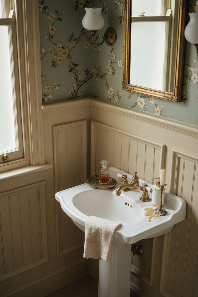Wainscoting bathroom with vintage details and decorative wallpaper