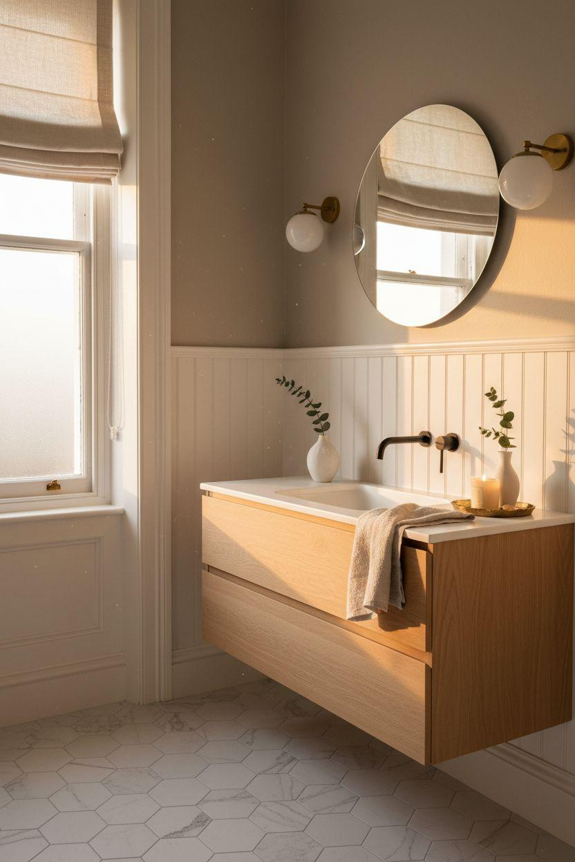 Wainscoting bathroom featuring traditional beadboard and natural wood trim