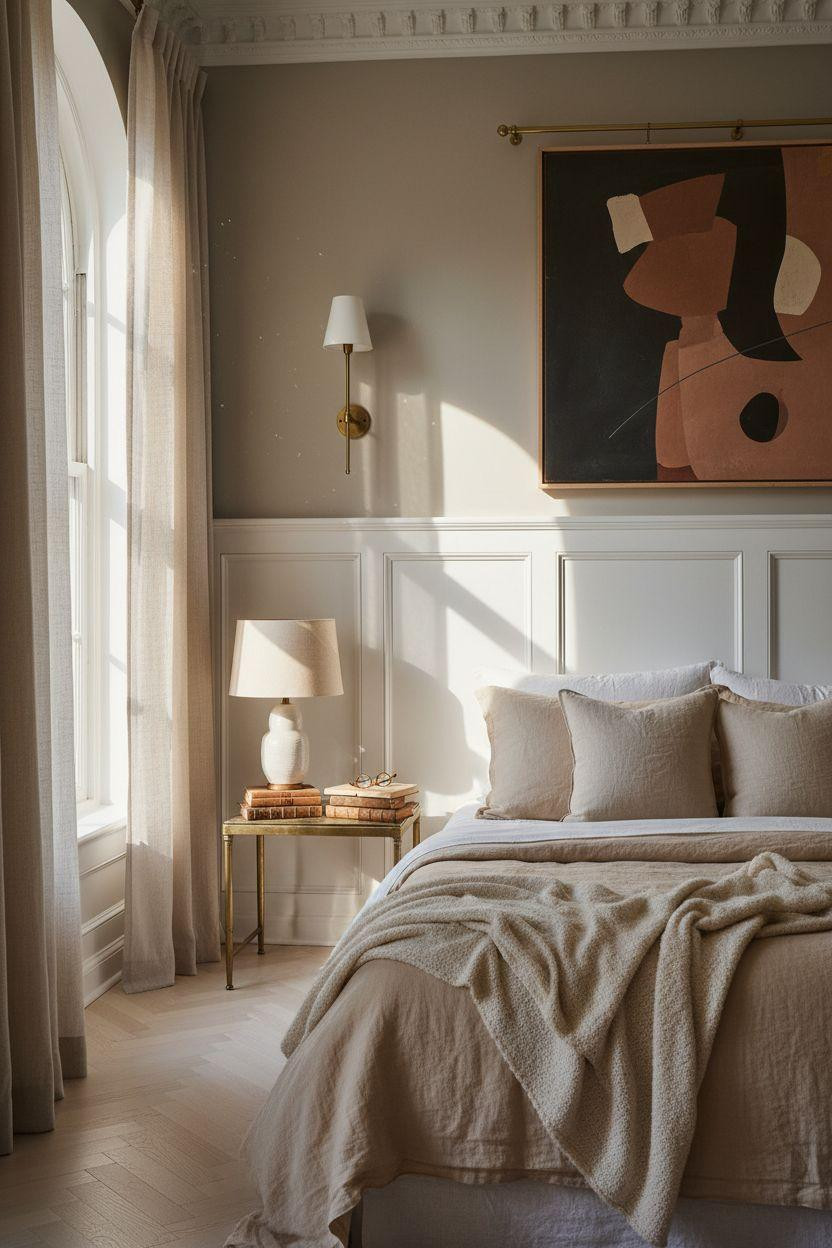 Wainscoting bedroom with theatrical lighting emphasizing panel depth