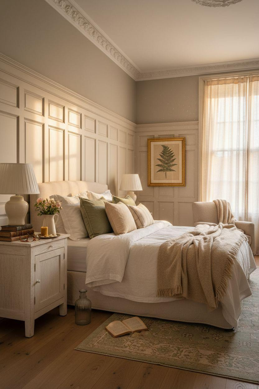 Wainscoting bedroom blending classic panels with hand-painted chinoiserie