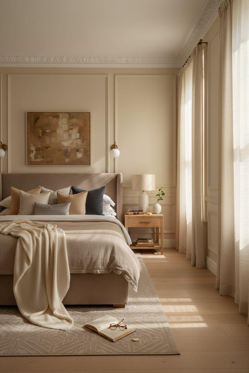 Wainscoting bedroom featuring Georgian panels with luxurious velvet bed