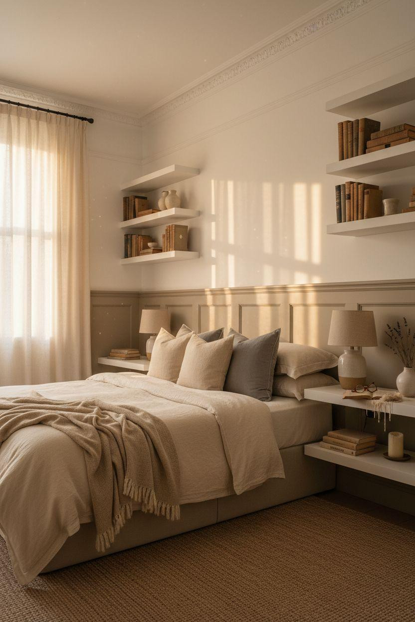 Wainscoting bedroom combining chair rail with functional floating shelves