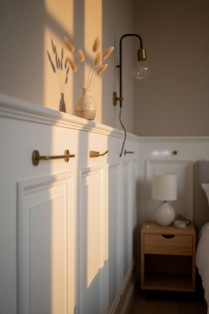 Wainscoting bedroom with Parisian wainscoting and contemporary brass fixtures