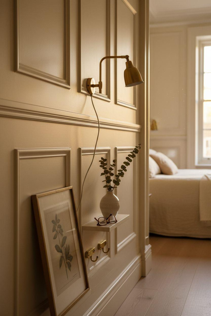 Wainscoting bedroom with detailed Georgian millwork and brass accents