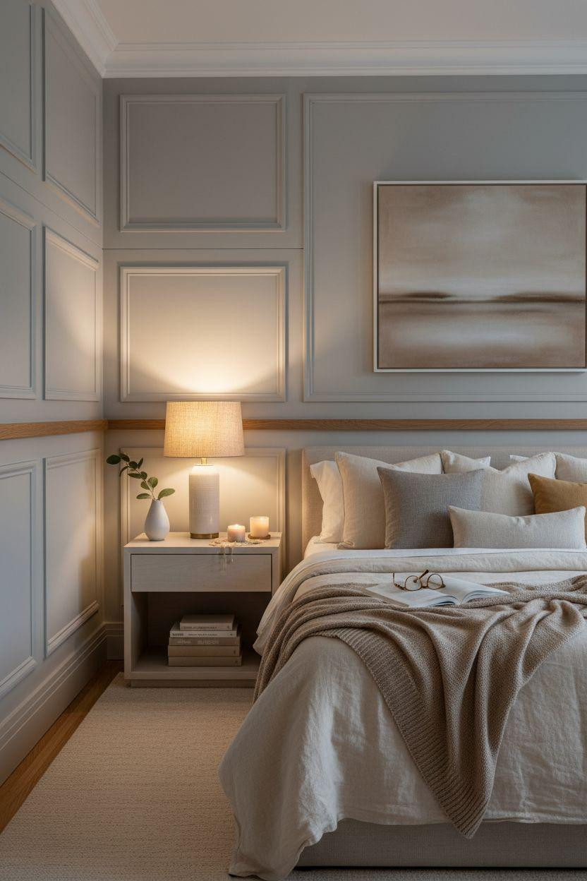 Wainscoting bedroom with chair rail creating elegant wall separation