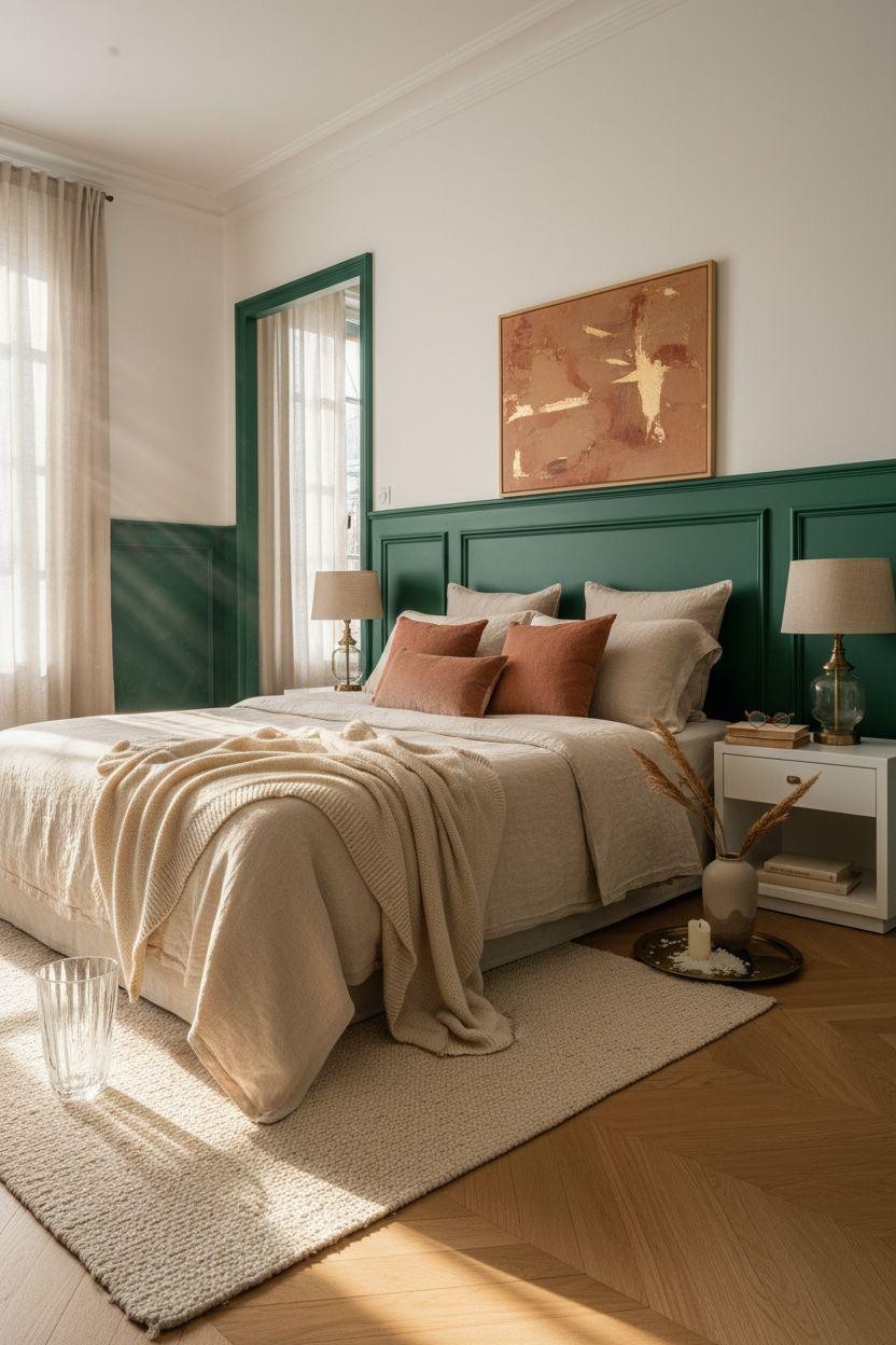 Wainscoting bedroom with dramatic deep emerald green chair rail panels