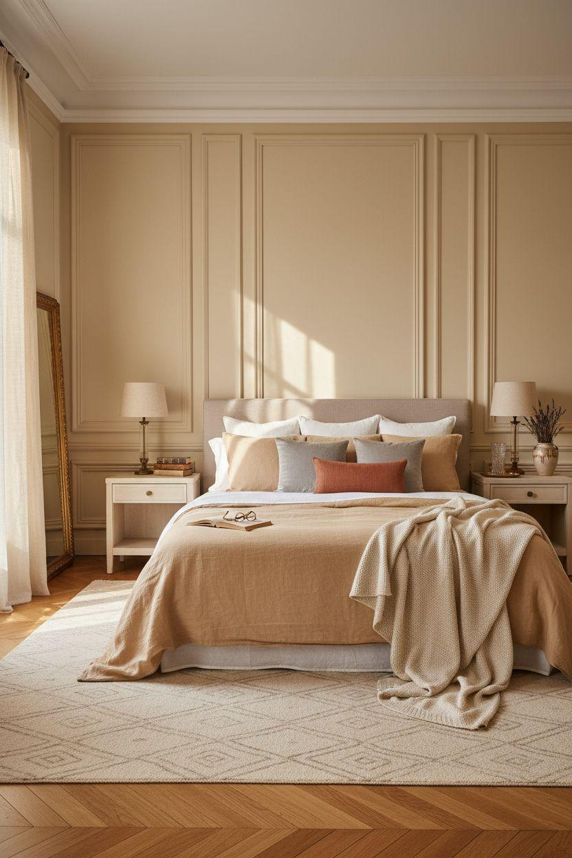 Wainscoting bedroom in Parisian Haussmann apartment with raised panels