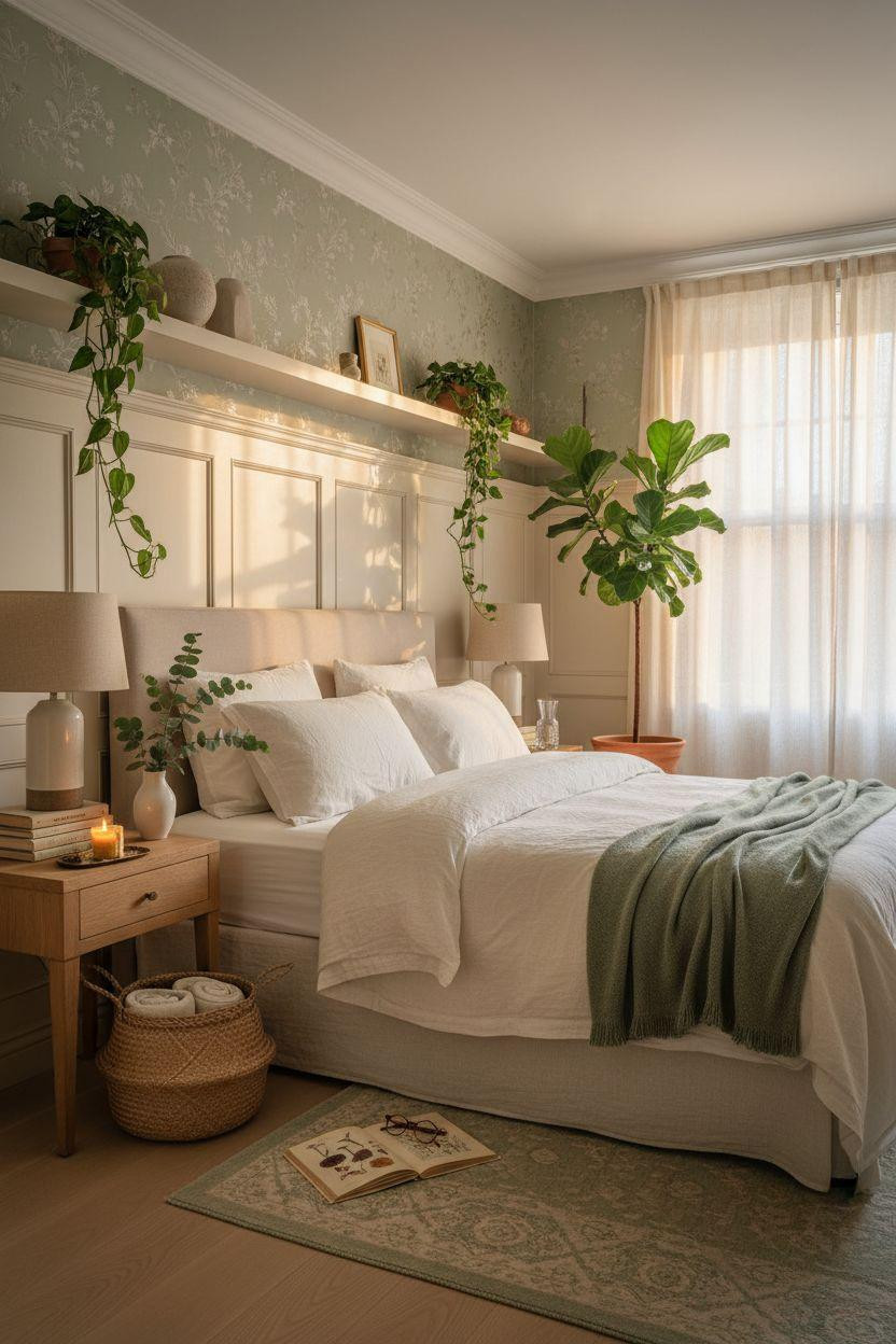 Wainscoting bedroom with botanical accents and natural greenery