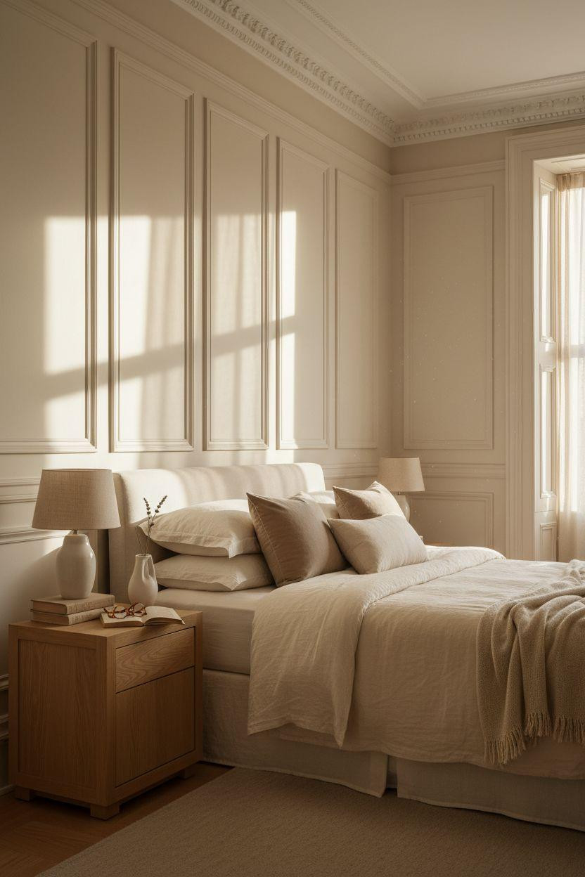 Wainscoting bedroom in soft gray with layered neutral textiles