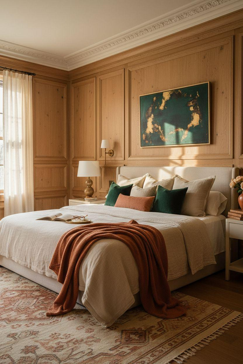 Wainscoting bedroom featuring warm honey oak with rich grain