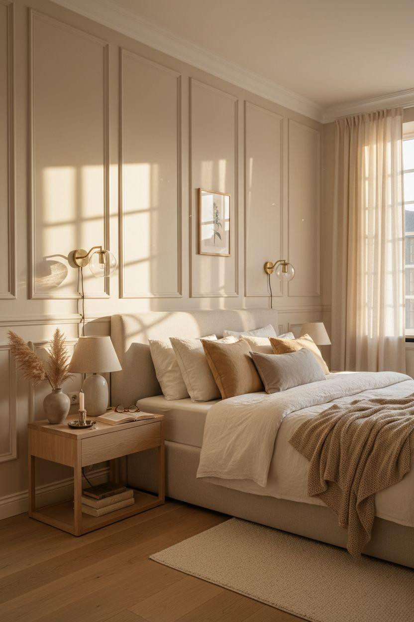 Wainscoting bedroom with dramatic floor-to-ceiling ivory paneling