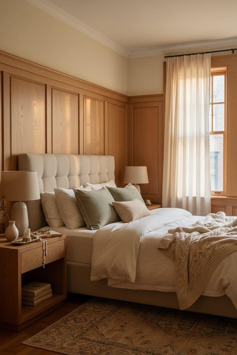 Wainscoting bedroom featuring warm honey oak with upholstered headboard